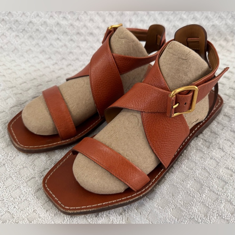 Chloé Virginia Leather Ankle Strap Open Toe Sandals Brown Size 37.5 US 7.5 Chloe